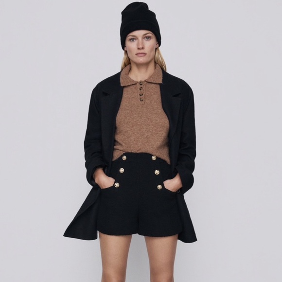 Zara Black Textured High Waisted Shorts with Gold Buttons - Picture 10 of 10